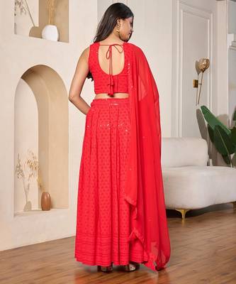 red designer embroidered rayon lehenga choli set for women 3