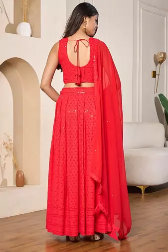 red designer embroidered rayon lehenga choli set for women