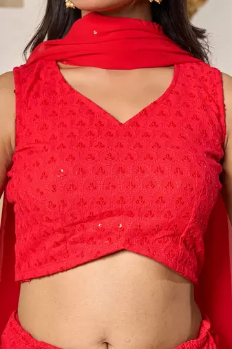 red designer embroidered rayon lehenga choli set for women