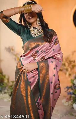 light pink green silk blend banarasi saree with unstitched blouse piece 2