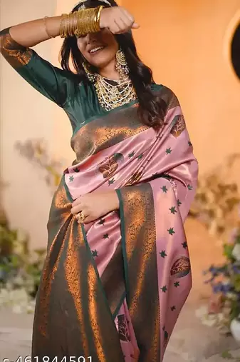 light pink green silk blend banarasi saree with unstitched blouse piece