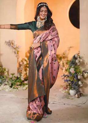 light pink green silk blend banarasi saree with unstitched blouse piece 3