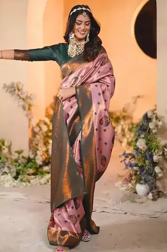 light pink green silk blend banarasi saree with unstitched blouse piece
