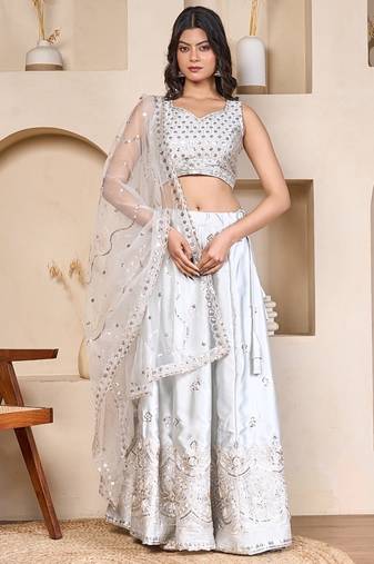 silver embroidered silk lehenga choli set with sheer dupatta