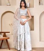 silver embroidered silk lehenga choli set with sheer dupatta