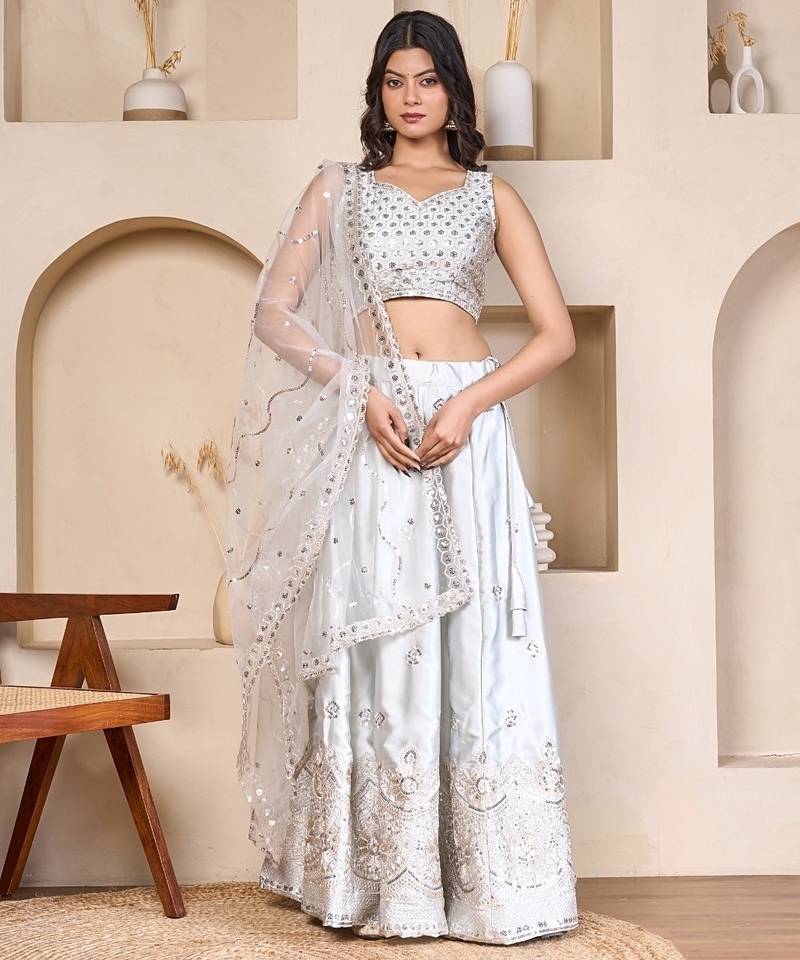 silver embroidered silk lehenga choli set with sheer dupatta