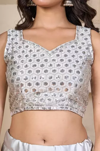 silver embroidered silk lehenga choli set with sheer dupatta