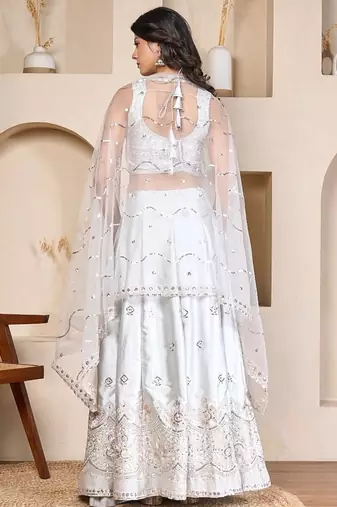 silver embroidered silk lehenga choli set with sheer dupatta