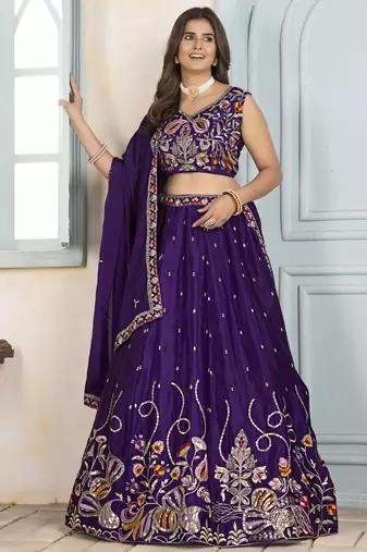 purple thread embroidered chinon wedding wear lehenga choli set