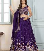 Tantalizing Purple Thread Embroidered Chinon Wedding Wear Lehenga Choli