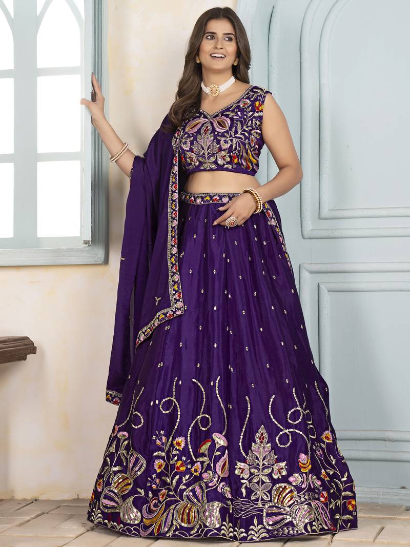 Tantalizing Purple Thread Embroidered Chinon Wedding Wear Lehenga Choli