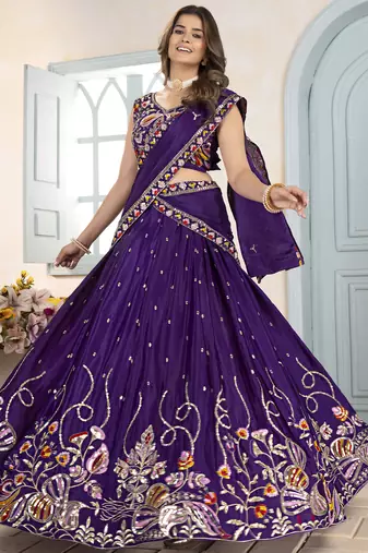 purple thread embroidered chinon wedding wear lehenga choli set