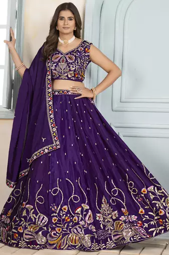 purple thread embroidered chinon wedding wear lehenga choli set