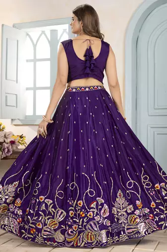 purple thread embroidered chinon wedding wear lehenga choli set