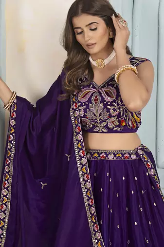 purple thread embroidered chinon wedding wear lehenga choli set