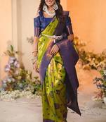 Mehendi blue wine soft silk blend banarasi jacuard work designer party wear saree with unstitched blouse piece