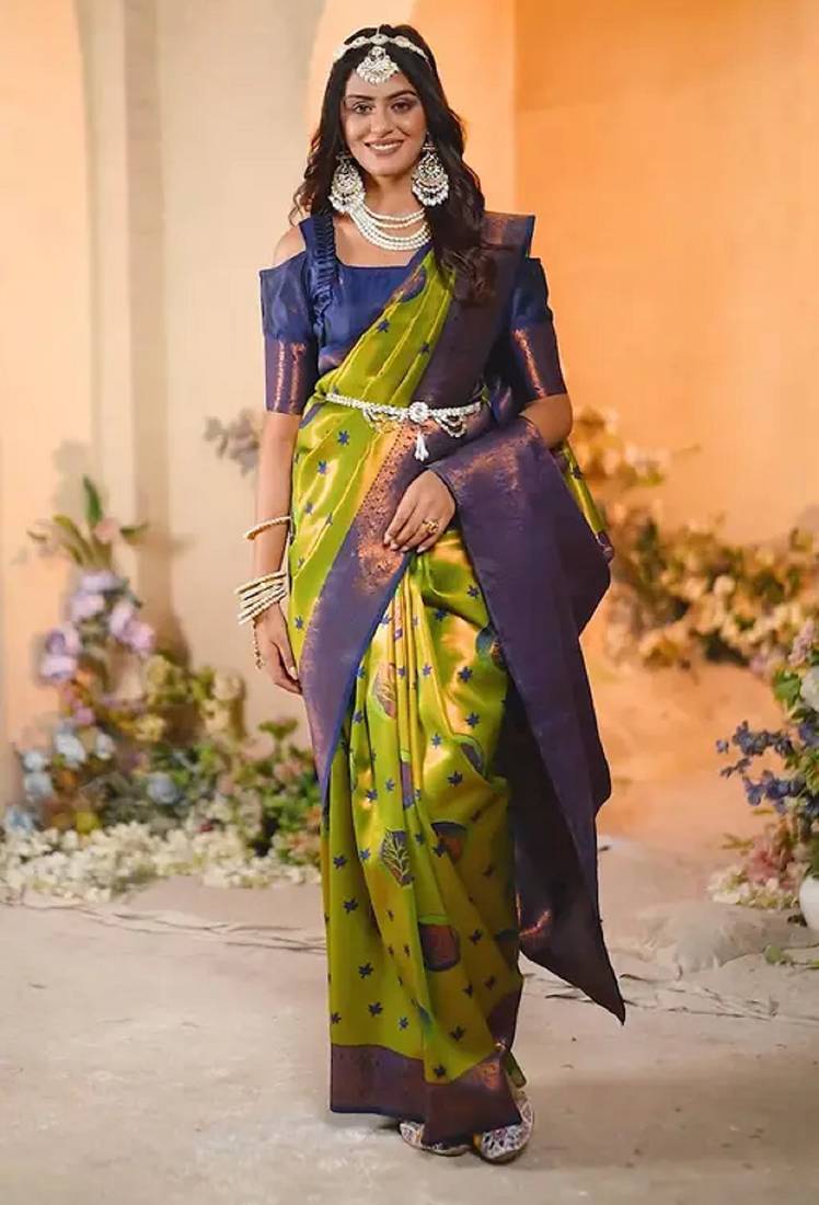 Mehendi blue wine soft silk blend banarasi jacuard work designer party wear saree with unstitched blouse piece