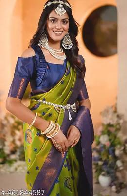 mehendi blue wine silk blend banarasi saree with unstitched blouse piece 1