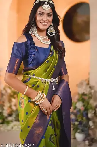 mehendi blue wine soft art silk blend banarasi jacuard work designer party wear saree with unstitched blouse piece