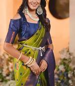 mehendi blue wine silk blend banarasi saree with unstitched blouse piece