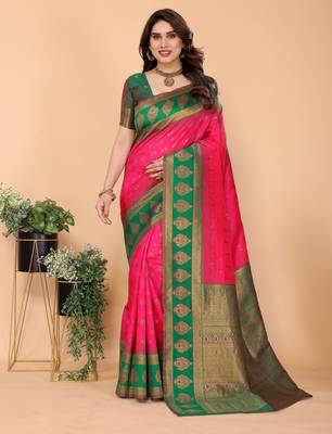 pink green silk blend banarasi saree with unstitched blouse piece 1