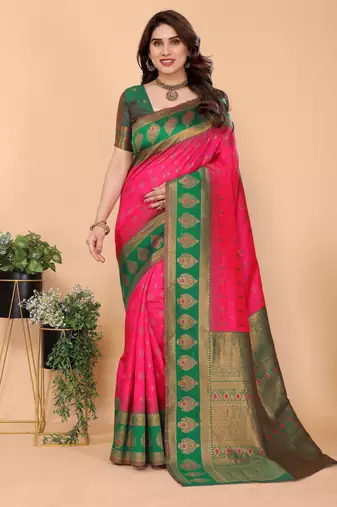 Pink green  soft silk blend banarasi jacuard work designer party wear saree with unstitched blouse piece
