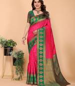 Pink green  soft silk blend banarasi jacuard work designer party wear saree with unstitched blouse piece
