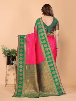 pink green silk blend banarasi saree with unstitched blouse piece 2