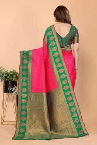 pink green silk blend banarasi saree with unstitched blouse piece