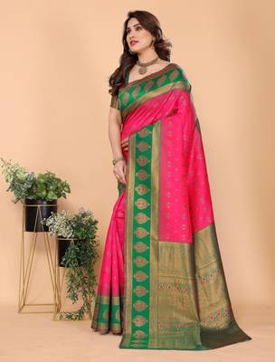 pink green silk blend banarasi saree with unstitched blouse piece 3