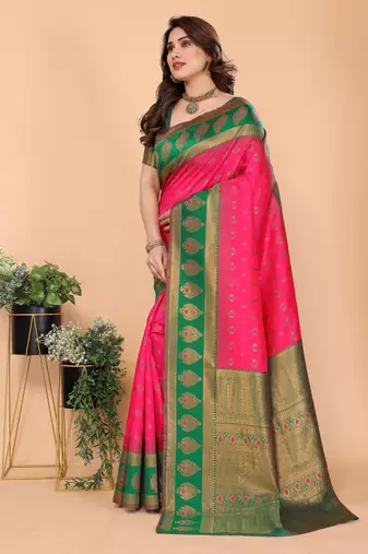 pink green silk blend banarasi saree with unstitched blouse piece