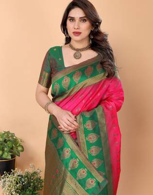 pink green silk blend banarasi saree with unstitched blouse piece 4