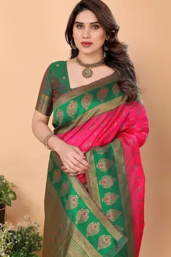 pink green silk blend banarasi saree with unstitched blouse piece