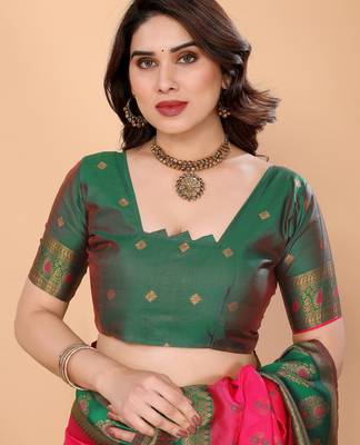 pink green silk blend banarasi saree with unstitched blouse piece 5