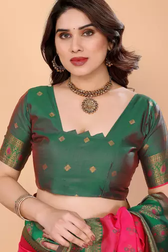 pink green silk blend banarasi saree with unstitched blouse piece