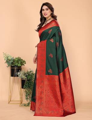 green red silk blend banarasi saree with unstitched blouse piece 1