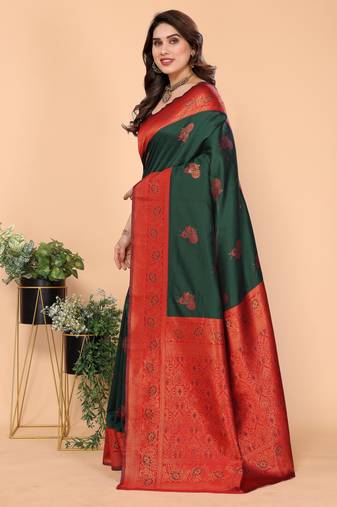 Green red soft silk blend banarasi jacuard work designer party wear saree with unstitched blouse piece