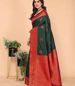Green red soft silk blend banarasi jacuard work designer party wear saree with unstitched blouse piece