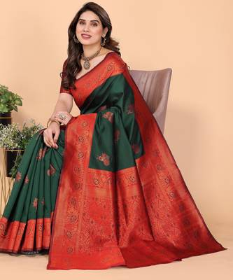 green red silk blend banarasi saree with unstitched blouse piece 3