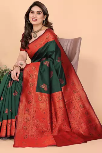 green red silk blend banarasi saree with unstitched blouse piece