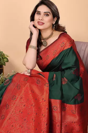 green red silk blend banarasi saree with unstitched blouse piece
