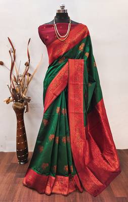 green red silk blend banarasi saree with unstitched blouse piece 1