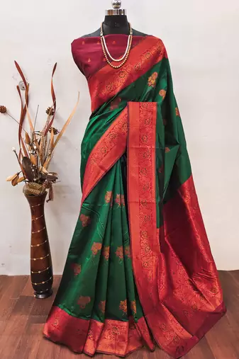 Green red  soft silk blend banarasi jacuard work designer party wear saree with unstitched blouse piece