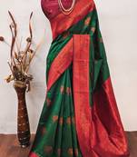 Green red  soft silk blend banarasi jacuard work designer party wear saree with unstitched blouse piece
