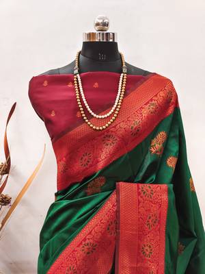 green red silk blend banarasi saree with unstitched blouse piece 2