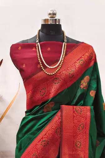 green red silk blend banarasi saree with unstitched blouse piece