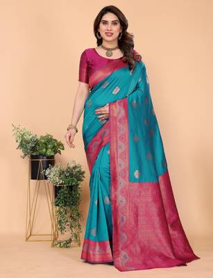 rama pink silk blend banarasi saree with unstitched blouse piece 1