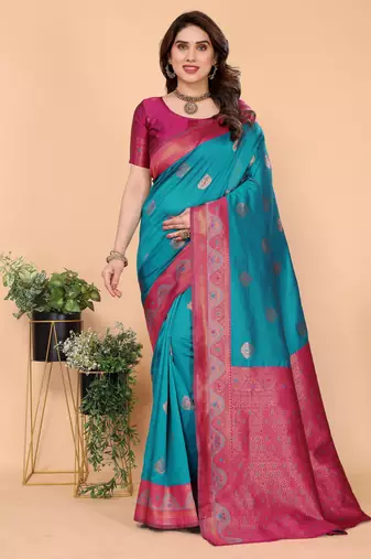 Rama pink  soft silk blend banarasi jacuard work designer party wear saree with unstitched blouse piece