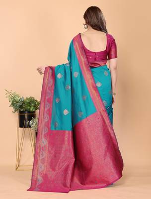 rama pink silk blend banarasi saree with unstitched blouse piece 2