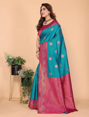 rama pink silk blend banarasi saree with unstitched blouse piece 3